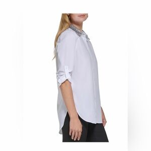 Calvin Klein White button down Blouse, sequin’s collar Boyfriend Tunic women L